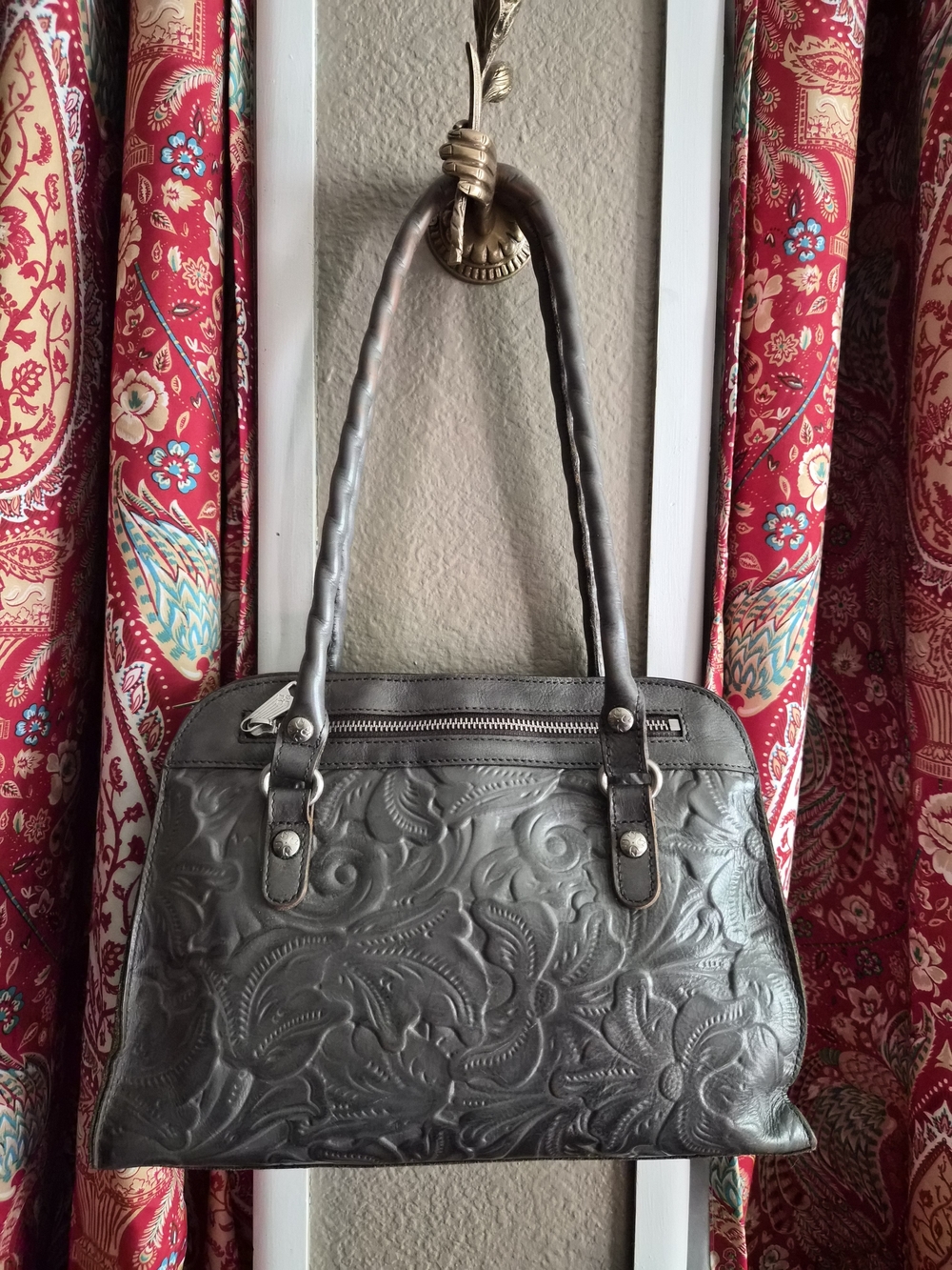 Patricia Nash Calvi Embossed Gray Leather Shoulder Bag